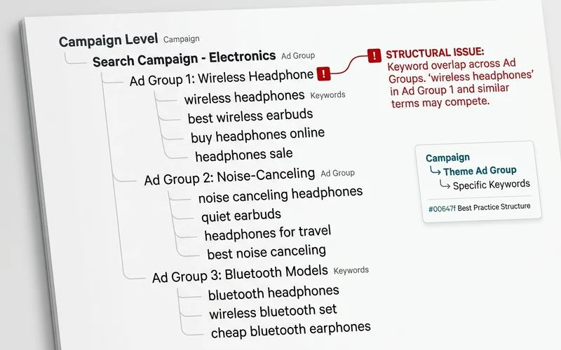 Annotated Google Ads account structure showing campaign / ad group / keyword hierarchy