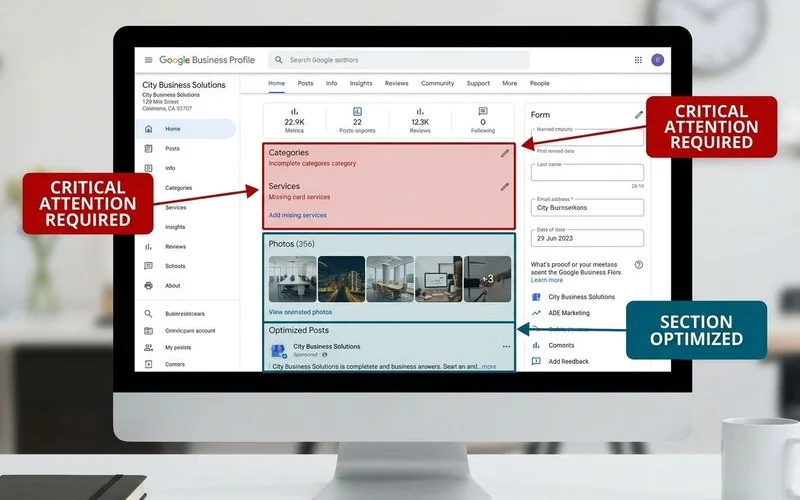 Annotated Google Business Profile screenshot highlighting categories, services, photos, and posts