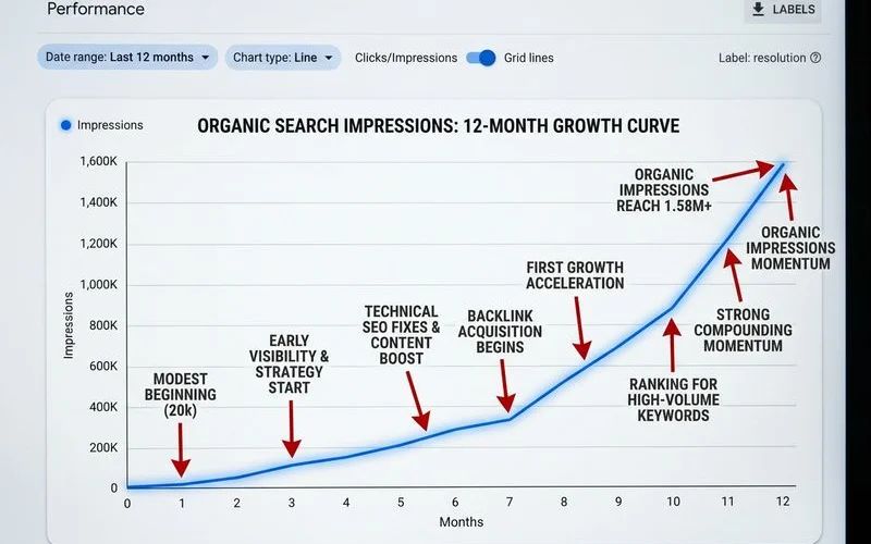 Annotated Search Console impressions chart showing compounding growth across months 0-12