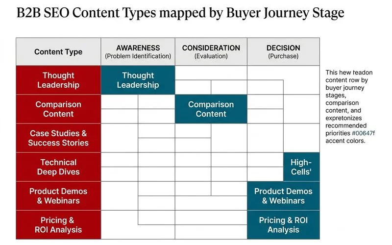B2B SEO content matrix by stage — thought leadership, comparison content, technical deep dives