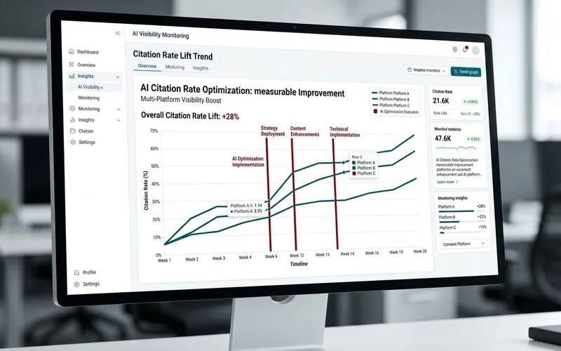 BrandPeek dashboard showing citation rate lift across ChatGPT, Gemini, and Perplexity after GenCite execution