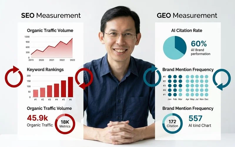Comparison chart: SEO blue-link traffic vs GEO AI citation measurement
