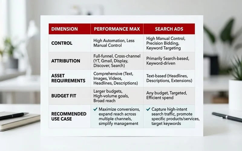 Comparison table of PMax vs Search across control, attribution, assets, and budget fit