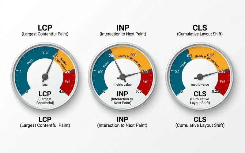 Core Web Vitals chart with LCP, INP, and CLS thresholds marked