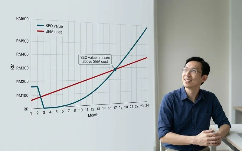 Cost trajectory chart contrasting SEO compounding equity vs SEM immediate cost-per-lead over 24 months