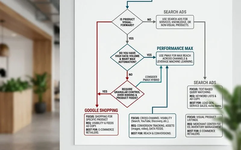 Decision flowchart — when to use Shopping vs Search vs PMax for e-commerce