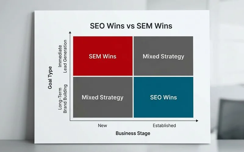 Decision matrix: when SEO wins vs when SEM wins by business stage and goal