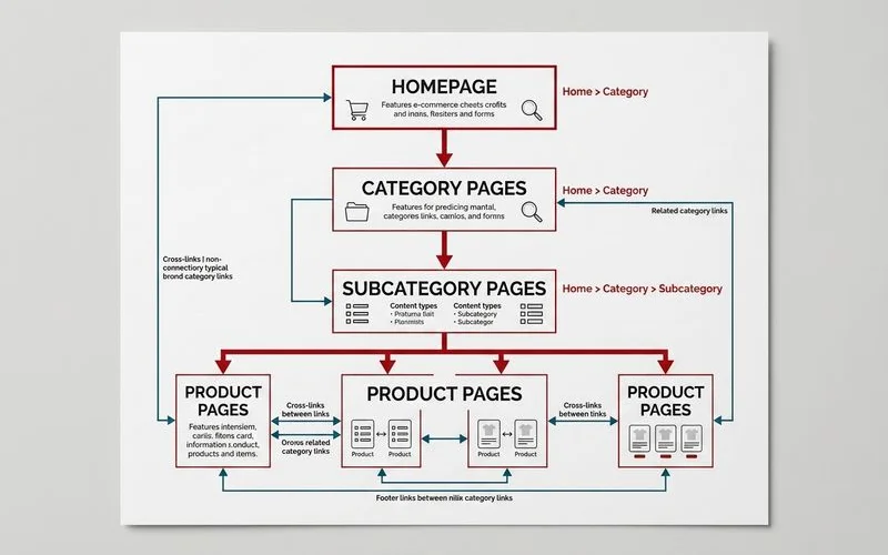 E-commerce site architecture diagram, homepage to categories to subcategories to product pages