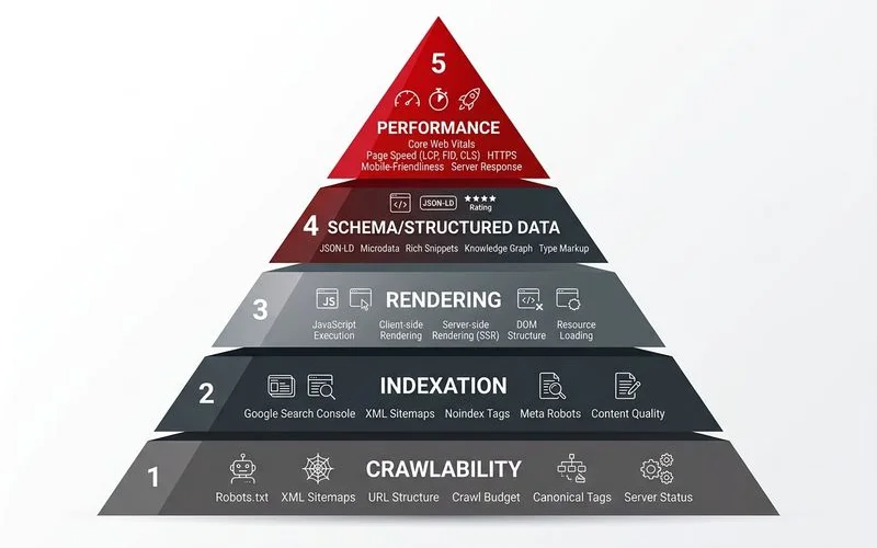 Diagram of the technical SEO stack — crawlability, indexation, rendering, schema, performance