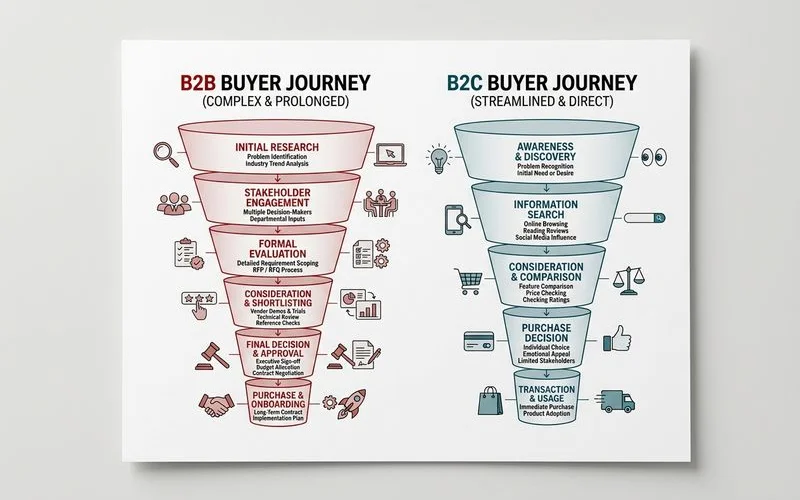 Funnel diagram contrasting B2B vs B2C SEO journey — research, consideration, decision
