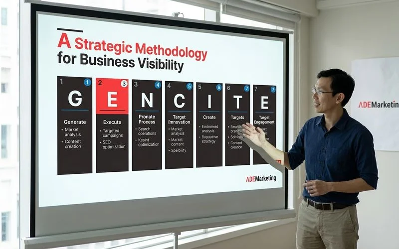GenCite Framework presentation slide showing the G-E-N-C-I-T-E seven steps
