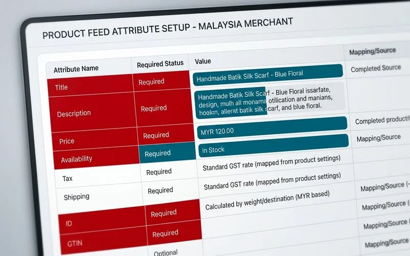 Google Merchant Center feed setup with attributes, taxes, and shipping configured for Malaysia