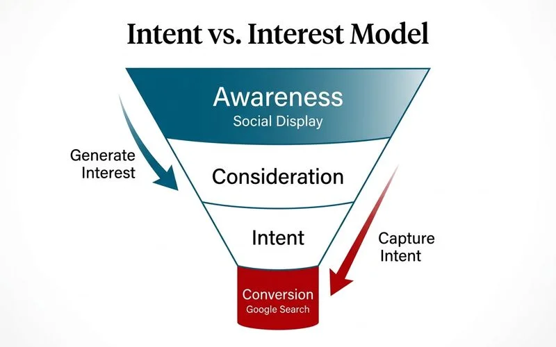 Intent vs interest funnel visualisation, Google at bottom-funnel, Facebook at top