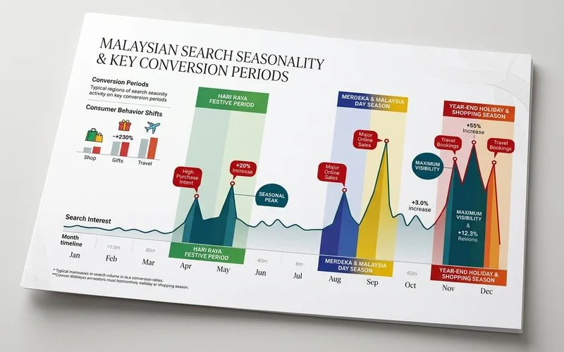 Malaysian search seasonality chart with Q3/Q4 conversion spikes overlaid