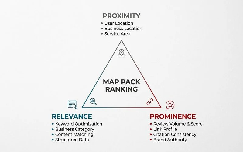 Map pack ranking factor diagram, proximity, relevance, prominence