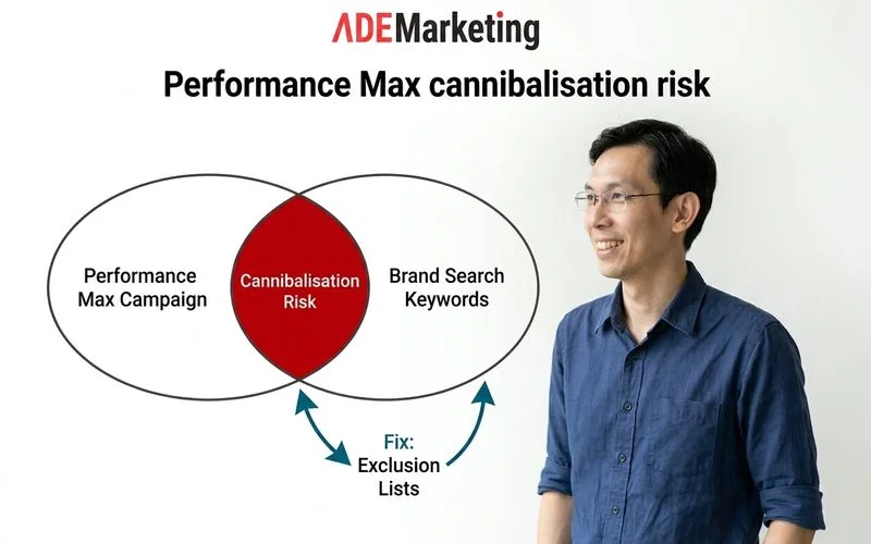 PMax cannibalisation diagram showing brand search overlap with exclusion list annotations