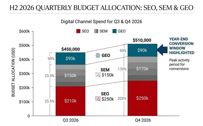 Quarterly budget allocation chart for H2 2026 showing SEO, SEM, and GEO split