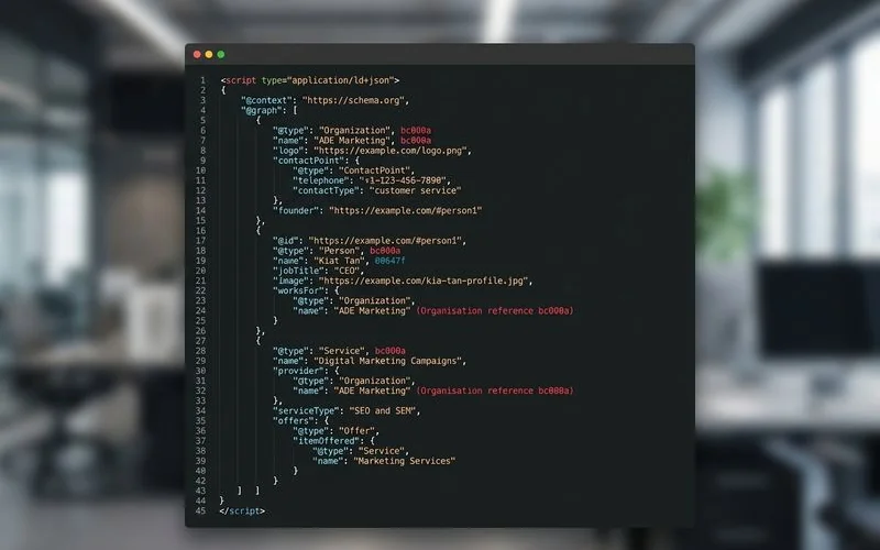 Schema.org JSON-LD code sample with Organization, Person, and Service entities linked