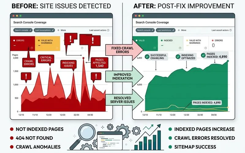 Search Console coverage report showing before/after technical SEO fixes with indexation improvements highlighted