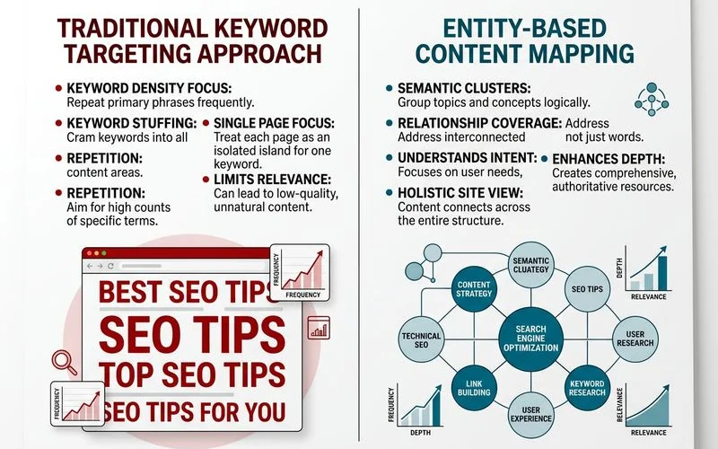 Side-by-side comparison: traditional keyword targeting vs entity-based content mapping