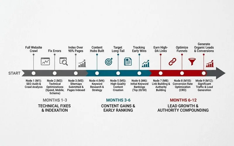 A timeline diagram showing SEO milestones at months 3, 6, and 12