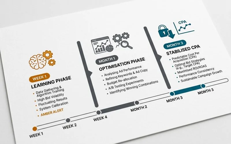 Timeline diagram: week 1 learning, month 1 optimisation, month 3 stabilised CPA