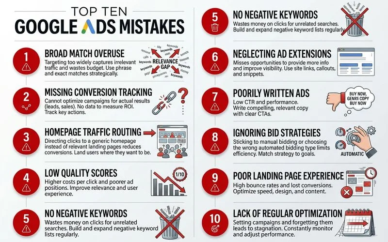 Top 10 Google Ads mistakes infographic