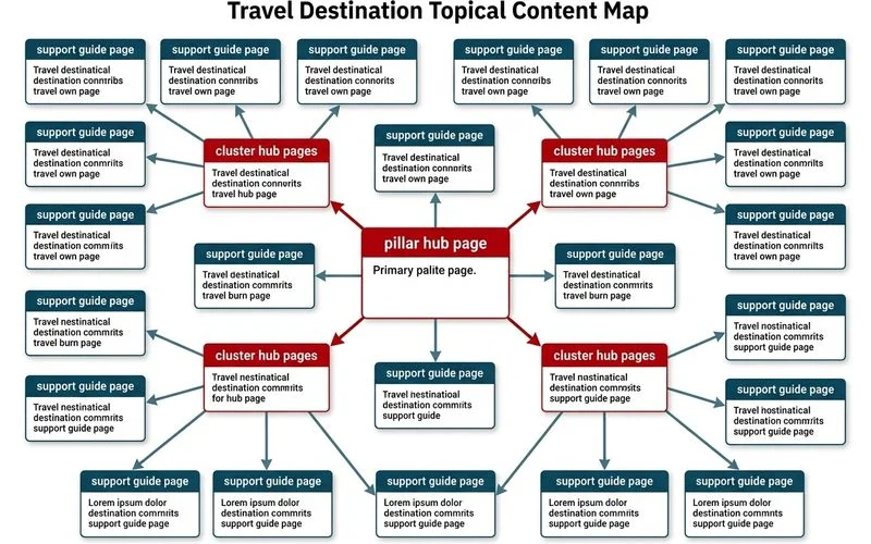 Topical map for the travel destination content silos, showing pillar hubs and support pages