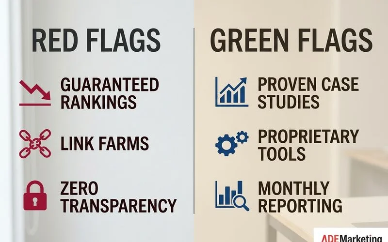 Two-column red-flag / green-flag list visual for evaluating SEO agencies