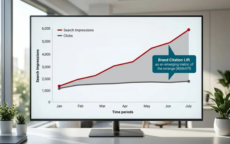 Zero-click search chart with impressions rising, clicks flat, and brand citation lift annotated