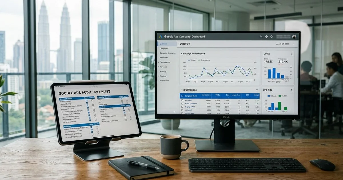 A 12-point audit checklist on a tablet alongside a Google Ads dashboard on a monitor
