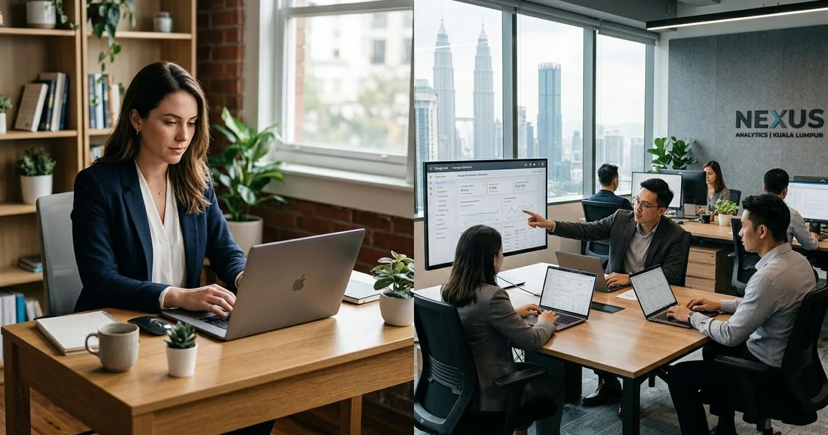 A business owner managing Google Ads at a small desk vs an agency team in a sophisticated KL office