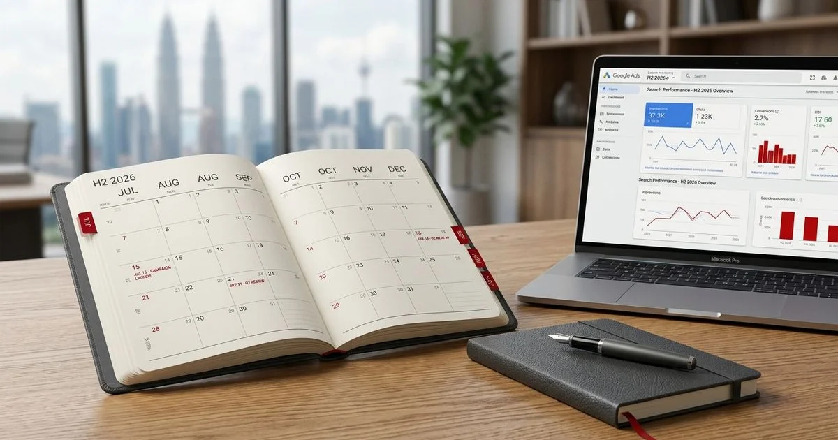 Calendar open to H2 2026 alongside a budget notebook and laptop showing search marketing dashboards