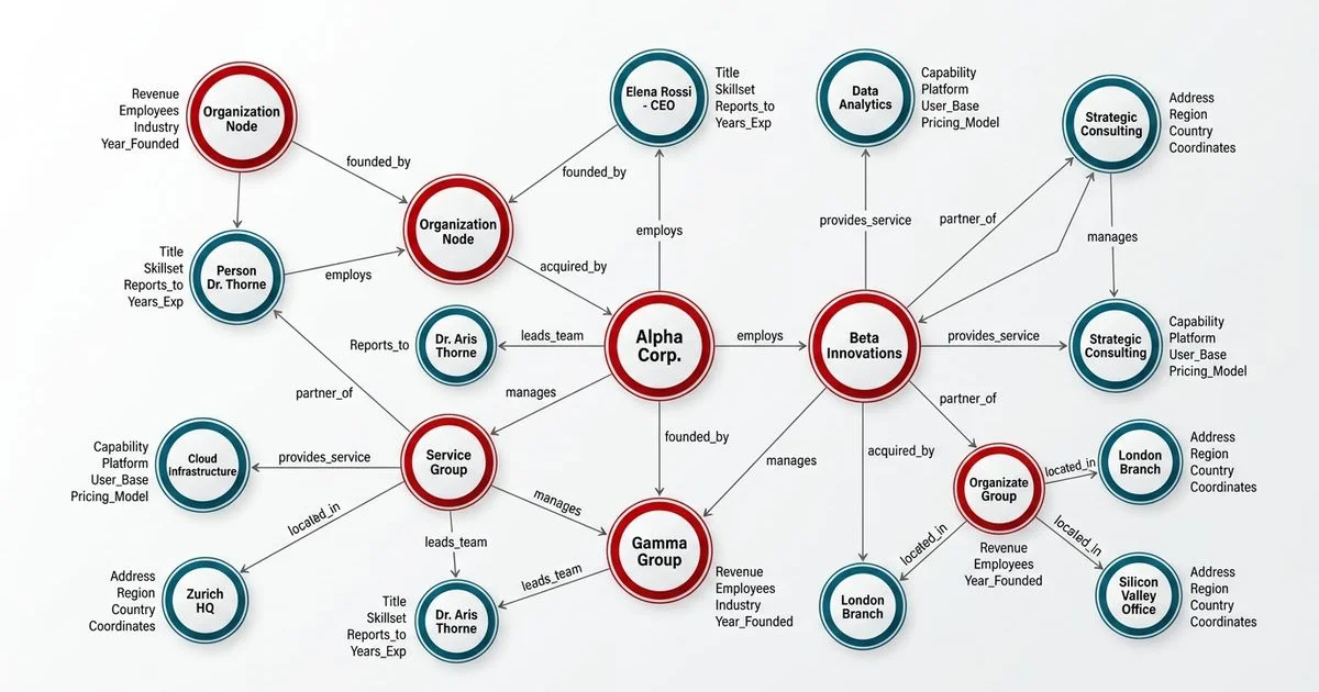 A Knowledge Graph diagram showing entities, attributes, and relationships as connected nodes