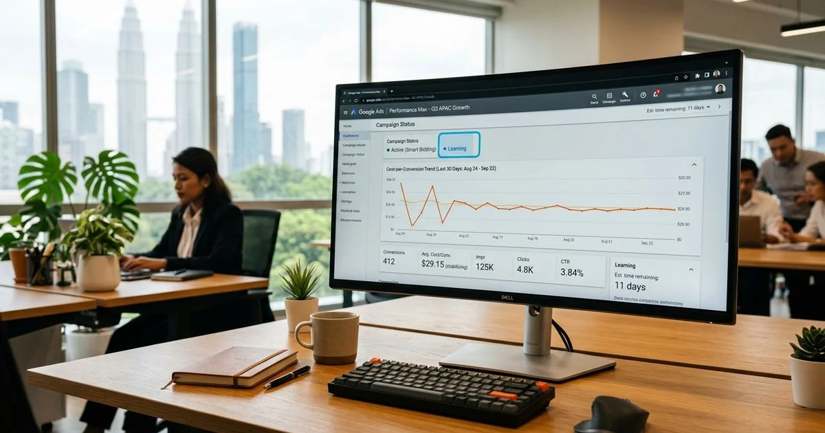 Google Ads dashboard showing the learning phase indicator and cost-per-conversion trend