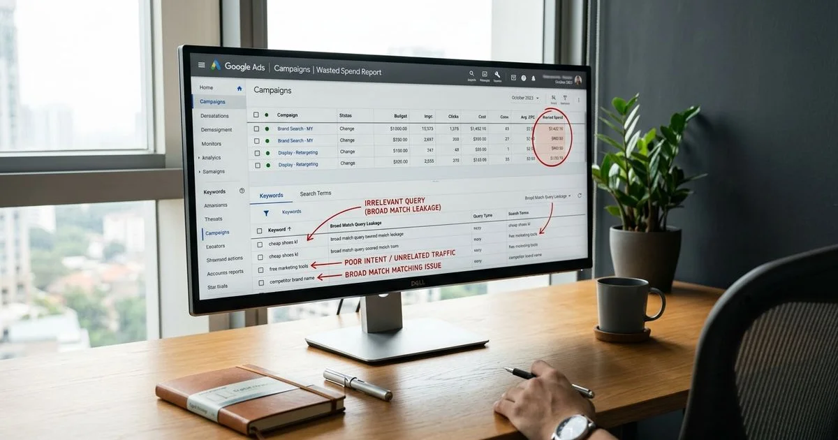 Google Ads dashboard with wasted spend metrics highlighted in red