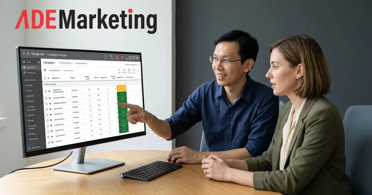 Google Ads UI showing the Quality Score column with mixed scores across a keyword list