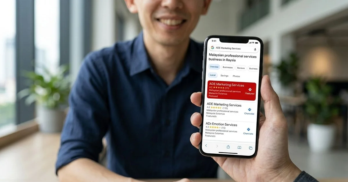 A Google Maps local 3-pack result on a phone showing a Malaysian business, with Solaris Dutamas visible in the background