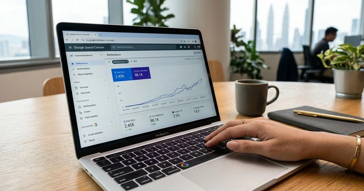 A Google Search Console performance graph trending upward over six months, viewed on a laptop at a Kuala Lumpur office desk