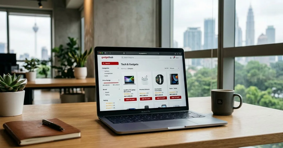 A Malaysian e-commerce category page with clean facets and product grid, viewed on a laptop