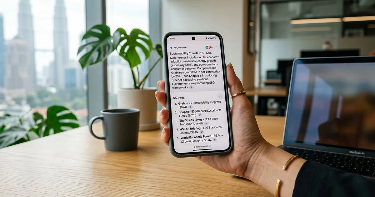 A Google AI Overview answer on a phone screen with cited source brands visible