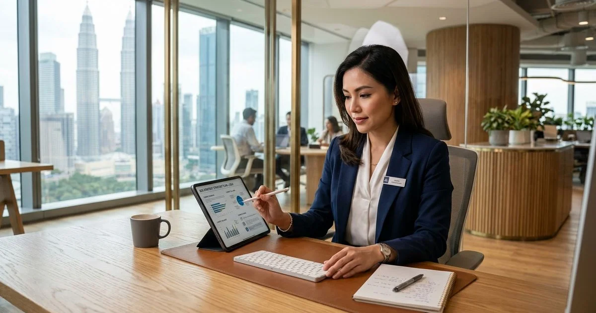A professional reviewing a content strategy plan on a tablet in a sophisticated Malaysian B2B office