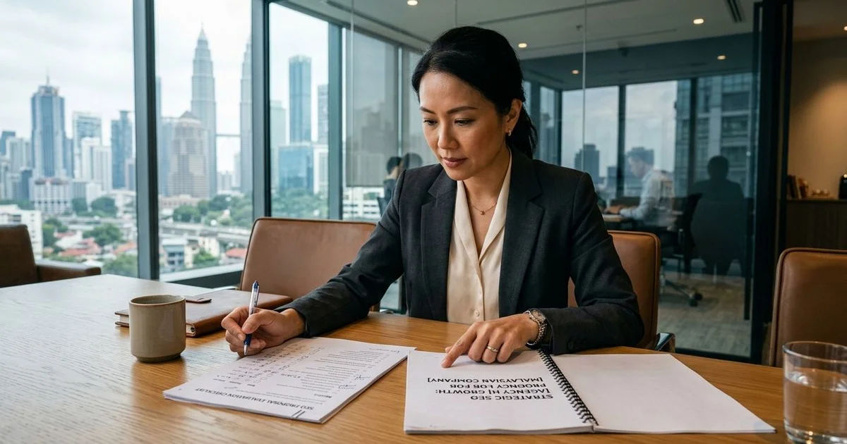 A professional reviewing an SEO proposal with a checklist in a sophisticated Kuala Lumpur office