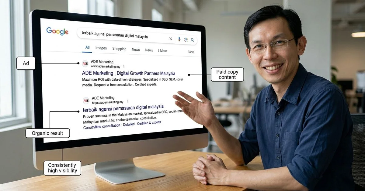 A side-by-side comparison of an organic Google result and a paid ad result on the same SERP