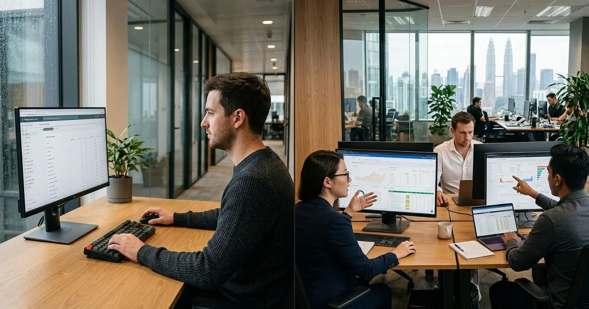 A side-by-side comparison: one person at a desk vs a small agency team in a sophisticated KL office