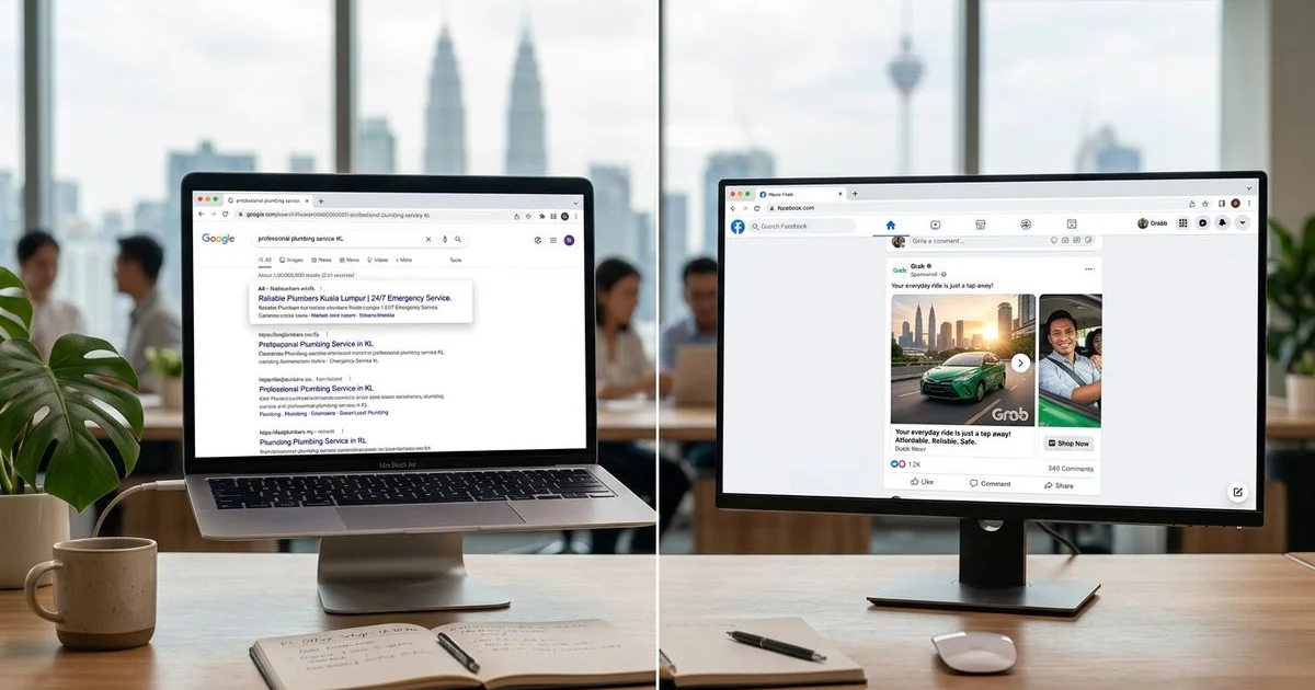 A split-screen comparing a Google search result and a Facebook feed ad for a Malaysian brand
