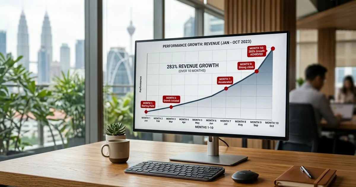 A revenue chart showing 283% organic growth over ten months, overlaid with a Google Search Console performance graph