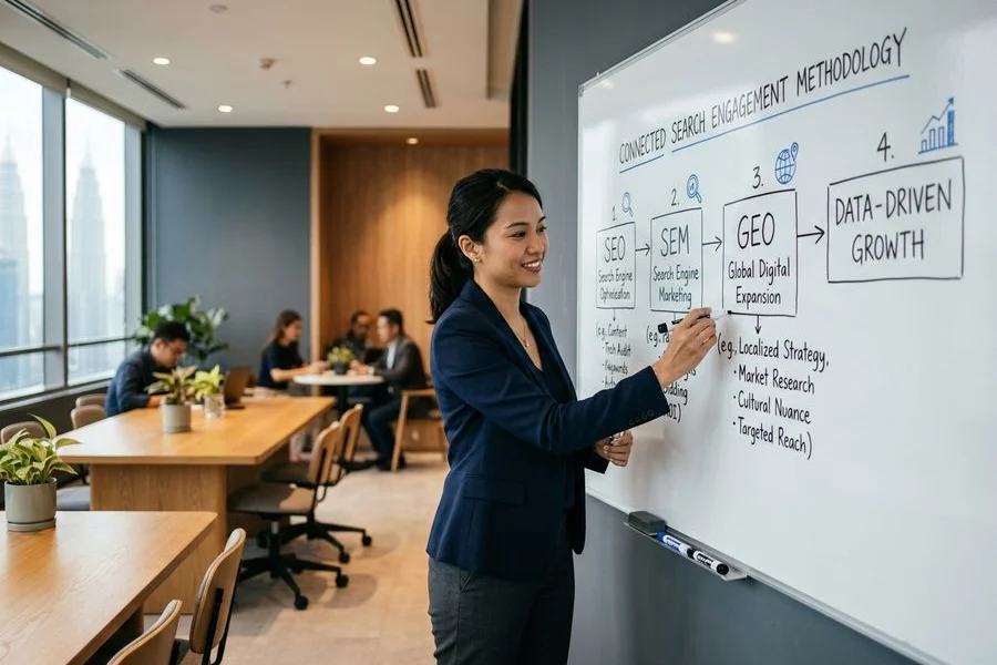 ADE Marketing practitioner at whiteboard sketching the four-step search engagement methodology
