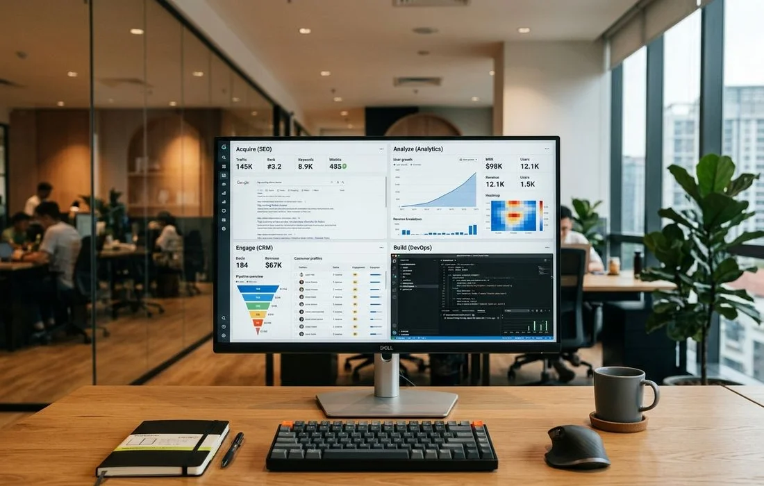 The ADE Marketing SaaS portfolio — Agility Writer, BrandPeek, LocusPilot, EMDStriker