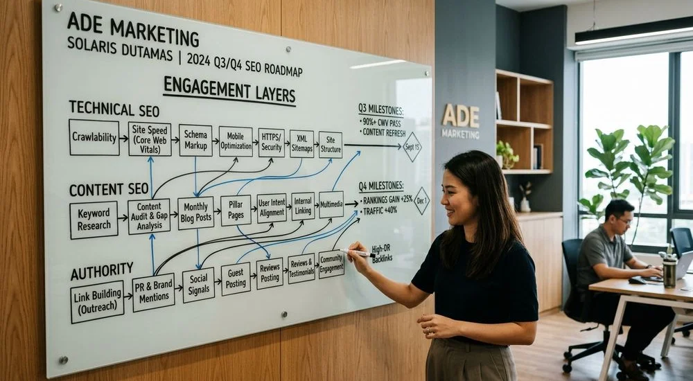 Annotated SEO roadmap whiteboard at the ADE Marketing office showing the three-layer engagement structure